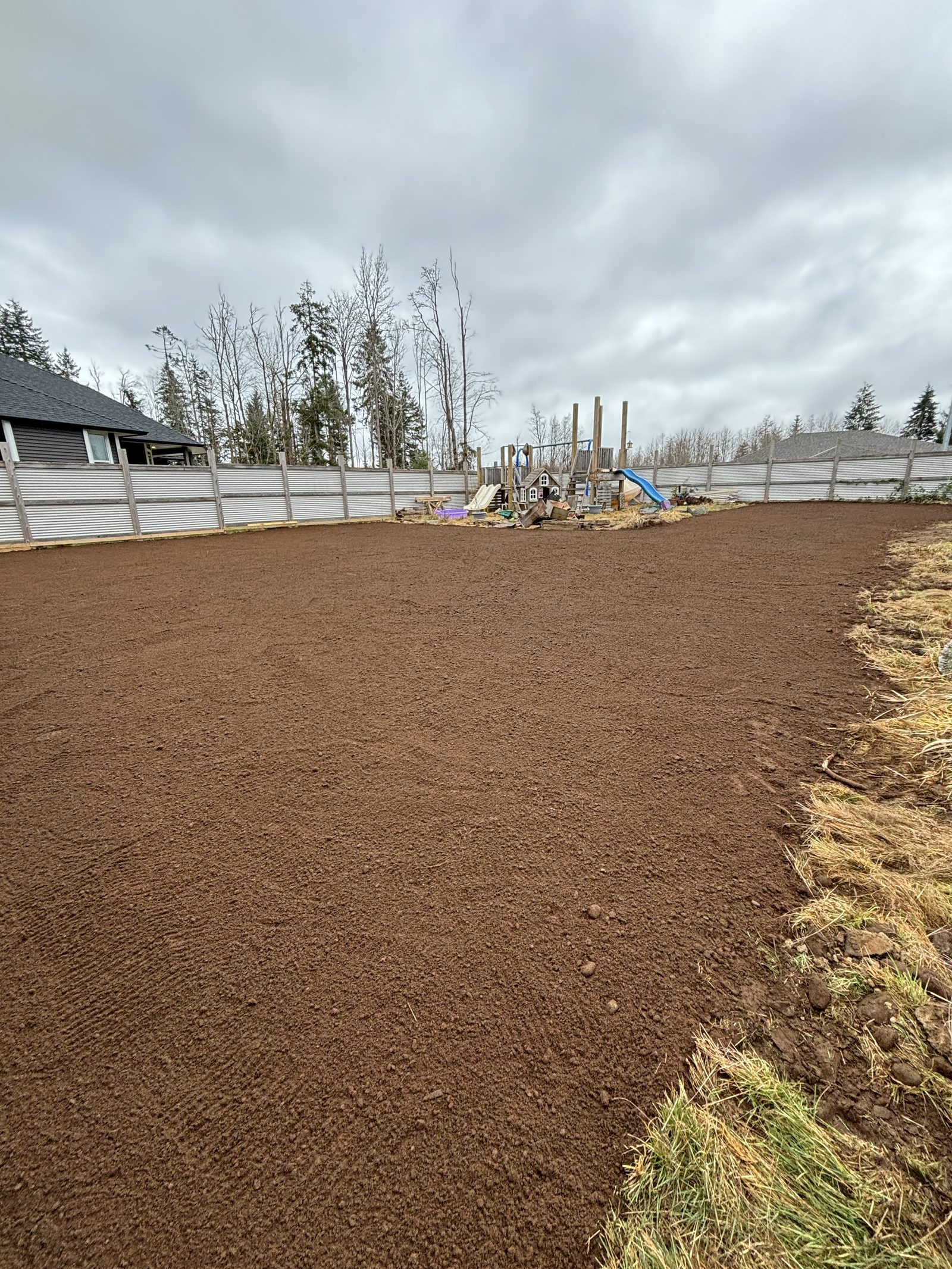 Completed backyard land clearing with hydroseed Vancouver Island