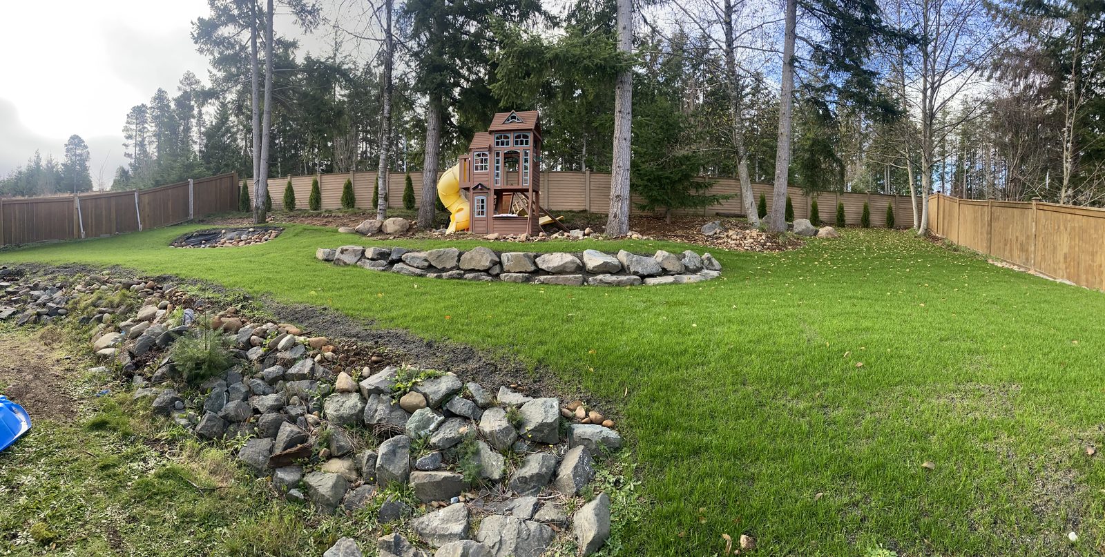 Completed backyard overhaul wide view Vancouver Island